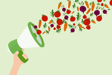 Illustration einer Hand, die ein Megaphon hält und rohes Gemüse ausspuckt - MSMF00080