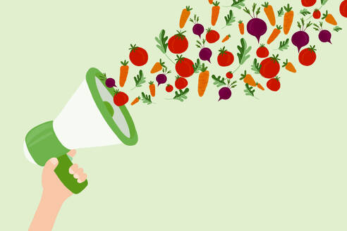 Illustration of hand holding megaphone spewing raw vegetables - MSMF00080