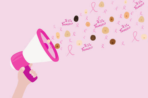 Illustration of hand holding megaphone spewing breast cancer awareness ribbons and messages - MSMF00081