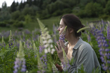 Smiling woman with eyes closed holding lupine flower in field - VBUF00326