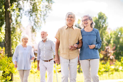 Gruppe glücklicher älterer Menschen, die sich im Freien im Park treffen - Alte Menschen im Alter von 60, 70, 80 Jahren, die Spaß haben und Zeit miteinander verbringen, Konzepte über ältere Menschen, Seniorität und Wellness im Alter - DMDF02126