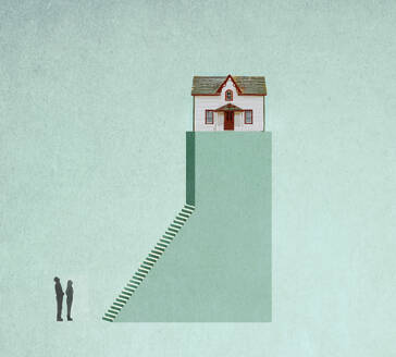 Illustration of two people looking at inaccessible house - GWAF00281