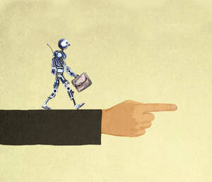 Illustration eines humanoiden Roboters, der eine Aktentasche an einem großen, nach oben zeigenden Arm trägt - GWAF00284