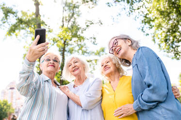 Gruppe glücklicher älterer Menschen, die sich im Freien im Park treffen - Alte Menschen im Alter von 60, 70, 80 Jahren, die Spaß haben und Zeit miteinander verbringen, Konzepte über ältere Menschen, Seniorität und Wellness im Alter - DMDF02339