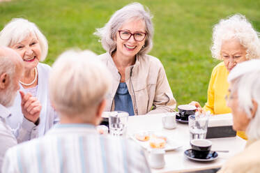 Gruppe glücklicher älterer Menschen, die sich im Freien in der Bar-Cafeteria treffen - Alte Menschen im Alter von 60, 70, 80 Jahren, die Spaß haben und Zeit miteinander verbringen, Konzepte über ältere Menschen, Seniorität und Wellness-Aging - DMDF02347