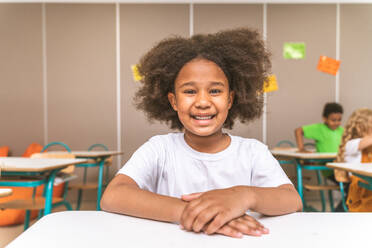 Gemischtrassige Gruppe von Kindern in der Grundschule - Verspielte Schüler genießen die Schulzeit und den Unterricht mit Lehrern und Mitschülern - DMDF02374