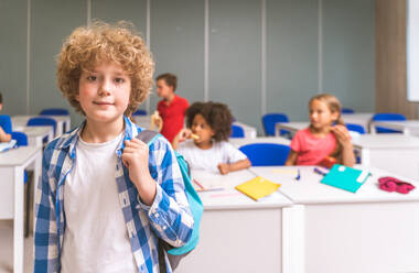 Gemischtrassige Gruppe von Kindern in der Grundschule - Verspielte Schüler genießen die Schulzeit und den Unterricht mit Lehrern und Mitschülern - DMDF02437