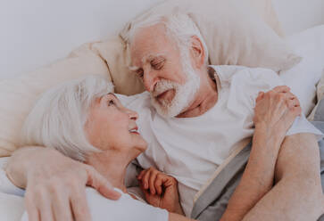 Beautiful senior couple enjoying time together at home - Romantic moments at home, elderly couple in bed at home - DMDF02448
