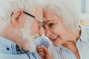 Senior couple together at home, happy moments - Elderly people taking care of each other, grandparents in love - concepts about elderly lifestyle and relationship - DMDF02465