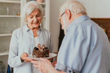 Schönes älteres Paar feiert Jahrestag mit Geburtstagstorte - Älteres Paar feiert Geburtstagsparty zu Hause - DMDF02511