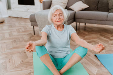 Sportive senior woman doing fitness and relaxation exercises at home - Elderly people training to stay healthy and fit - DMDF02533