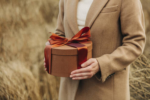 Hände einer Frau, die eine Geschenkbox auf einem Feld hält - VSNF01294