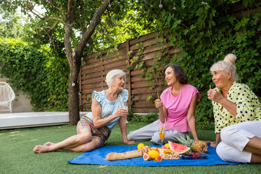 Schöne ältere Frauen entspannen sich zu Hause im Garten - Drei hübsche reife Damen ruhen sich in einem friedlichen Garten aus - DMDF02718