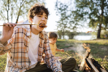 Junge isst Wurst beim Picknick - ANAF01966