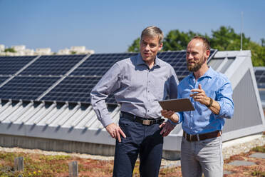 Two executives discussing business strategies while enjoying the view of solar panels on the rooftop of their company - DIGF20330