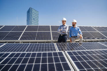 Zwei Geschäftsleute mit Schutzhelmen strahlen Zuversicht aus, als sie inmitten eines Feldes von Solarzellen stehen - DIGF20363