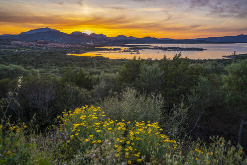 View of Melamar and mountainous backdrop at sunset, Sardinia, Italy, Mediterranean, Europe - RHPLF26793