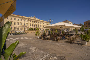 View of Town Hall and cafe restaurant in Piazza d'Italia in Sassari, Sassari, Sardinia, Italy, Mediterranean, Europe - RHPLF26800