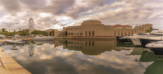 View of Archaeological Museum of Olbia and harbour boats on sunny day in Olbia, Olbia, Sardinia, Italy, Mediterranean, Europe - RHPLF26811