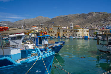 View of harbour boats in Kalimnos with hills in the background, Kalimnos, Dodecanese Islands, Greek Islands, Greece, Europe - RHPLF26815