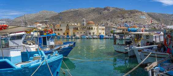 View of harbour boats in Kalimnos with hills in the background, Kalimnos, Dodecanese Islands, Greek Islands, Greece, Europe - RHPLF26818