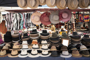 Hats on display, Otavalo Market, Imbabura, Ecuador, South America - RHPLF26848