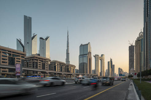 Burj Khalifa and Sheikh Zayed Road, Downtown, Dubai, United Arab Emirates, Middle East - RHPLF26858