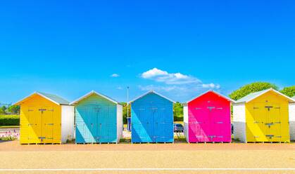 Colourful Beach Huts on the seafront at Eastbourne, East Sussex, England, United Kingdom, Europe - RHPLF26880
