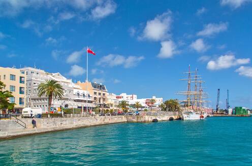 Front Street, Hamilton, where the Norwegian sail training tall ship Sorlandet, built in 1927, is moored, Hamilton, Bermuda, Atlantic, North America - RHPLF26883