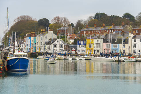 View of the colourful houses and fishing boats around the marina of the popular seaside village of Weymouth, Jurassic Coast, Dorset, England, United Kingdom, Europe - RHPLF26892