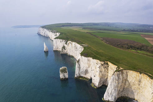 Aerial view of the white cliffs of Old Harry Rocks, Jurassic Coast, UNESCO World Heritage Site, Studland, Dorset, England, United Kingdom, Europe - RHPLF26900