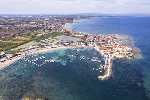 Aerial drone shot of the fishing village of Marzamemi in blue water, Marzamemi, Pachino municipality, Siracusa province, Sicily, Italy, Mediterranean, Europe - RHPLF26918