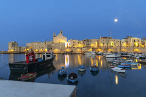 Full moon night over the illuminated medieval village of Giovinazzo with tourist marina in the foreground, Bari province, Adriatic Sea, Mediterranean Sea, Apulia, Italy, Europe - RHPLF26924