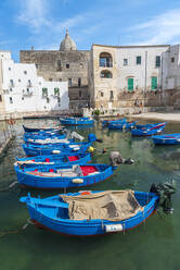 Rows of blue wooden boats in the water of the harbour of Monopoli old town, Monopoli, Bari province, Apulia, Italy, Europe - RHPLF26930