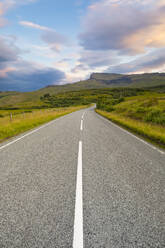 Classic Scottish road during a beautiful summer sunset, Isle of Skye, Inner Hebrides, Scotland, United Kingdom, Europe - RHPLF26951