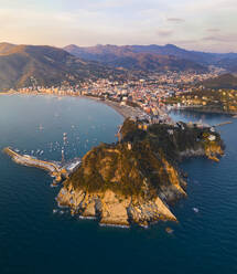 Aerial view of Sestri Levante and its Baia del Silenzio at sunset, Genova, Liguria, Italy, Europe - RHPLF26954