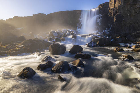 Oxararfoss waterfall at sunset during spring, Sudurland, Iceland, Polar Regions - RHPLF26960