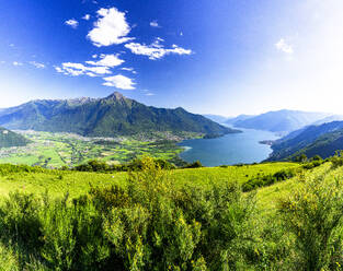 Panoramic of Monte Legnone and Alto Lario from green meadows above Lake Como, Bugiallo, Como province, Lombardy, Italian Lakes, Italy, Europe - RHPLF26999