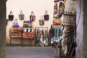 Handicraft bags for sale in the old souks of medina, Marrakech, Morocco, North Africa, Africa - RHPLF27007