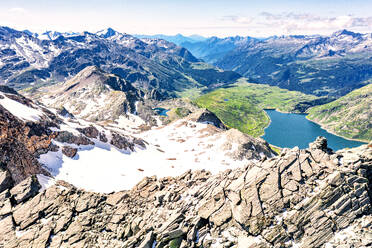 Aerial panoramic of lake Montespluga and Pizzo Suretta mountain peak, Madesimo, Valle Spluga, Valtellina, Lombardy, Italy, Europe - RHPLF27028