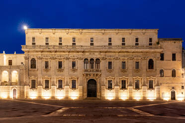 Palace in Piazza del Duomo square of Lecce at blue hour, Salento, Apulia, Italy, Europe - RHPLF27054