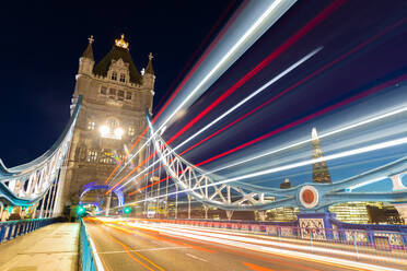 Tower Bridge and light traffic trails, The Shard in the background, London, England, United Kingdom, Europe - RHPLF27067