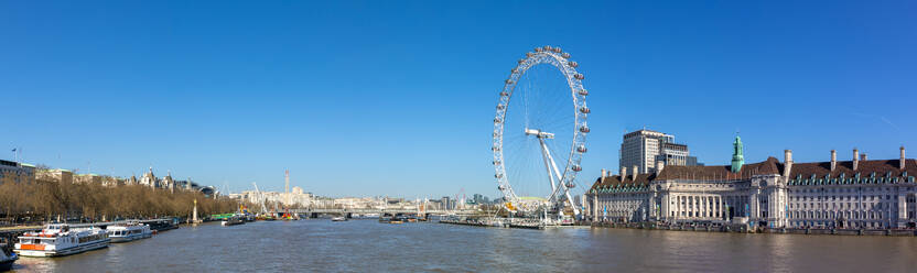 Panoramic view of London Eye, London County Hall building, River Thames, London, England, United Kingdom, Europe - RHPLF27072