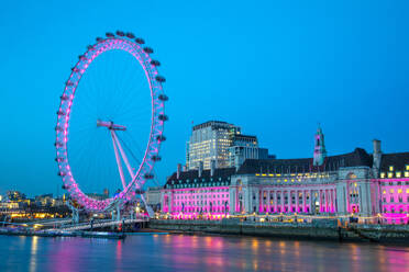 London Eye and London County Hall buiding, at dusk, River Thames, London, England, United Kingdom, Europe - RHPLF27074