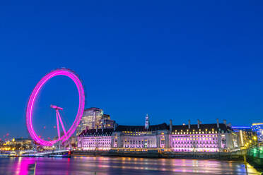 London Eye and London County Hall buiding, at dusk, River Thames, London, England, United Kingdom, Europe - RHPLF27076