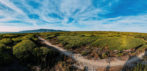 Aerial drone panoramic view of Sintra National Park, with Cabo da Roca in the far left background, next to Guincho Beach, Cascais, Portugal, Europe - RHPLF27086