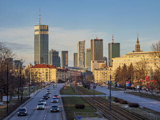 Independence Avenue and City Centre Skyline at sunset, Warsaw, Masovian Voivodeship, Poland, Europe - RHPLF27108