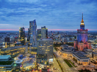 City Centre Skyline and Palace of Culture and Science at dusk, elevated view, Warsaw, Masovian Voivodeship, Poland, Europe - RHPLF27128