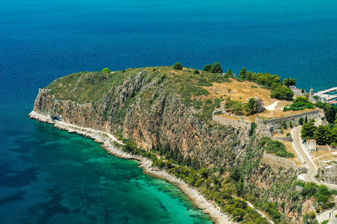 Akronafplia old castle with fortification above sea, panoramic view from Palamidi, Nafplion, Peloponnese, Greece, Europe - RHPLF27140