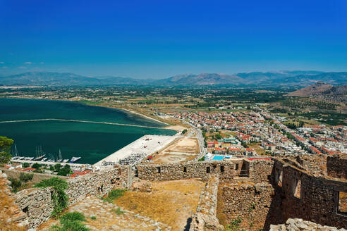 Historic town panoramic view, with traditional low-rise red tile roof buildings, Nafplion, Peloponnese, Greece, Europe - RHPLF27142